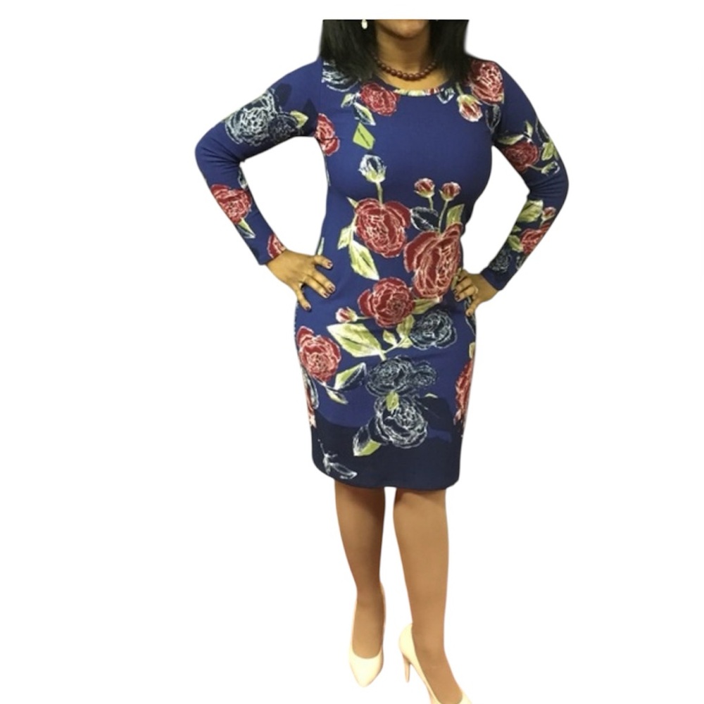 LuLaRoe Women's Floral Navy Blue Long Sleeve Sheath Midi Dress Size XS Pullover